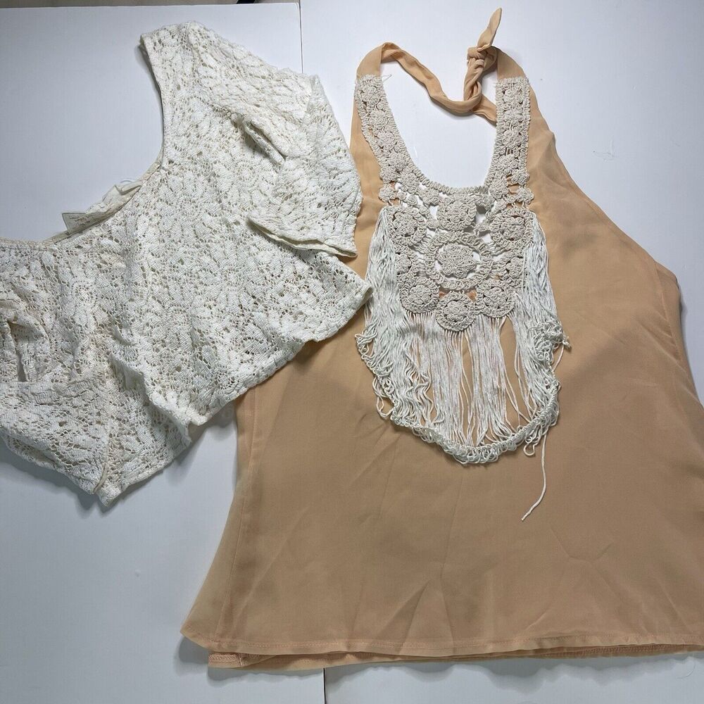 Jen’s Pirate Booty Blouse Bundle of 2 Lace Crop Top Fringe Tank Women Size XS